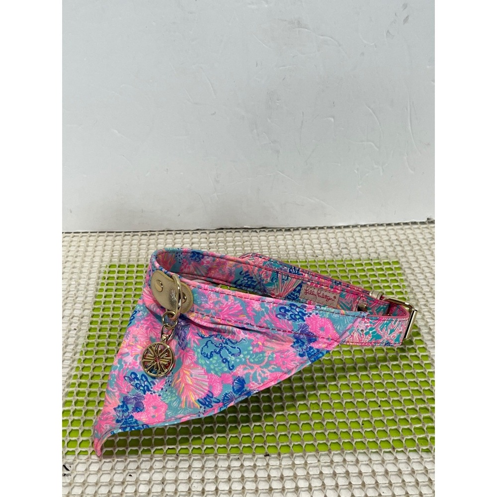Lilly Pulitzer Dog Collar Pink‎ Blue Floral Shell Print Gold Buckle 24.5in